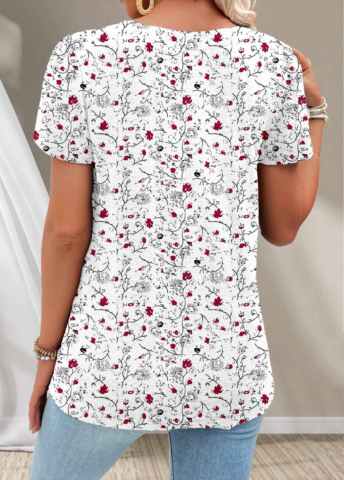 Ditsy Floral Print Button White Short Sleeve T Shirt