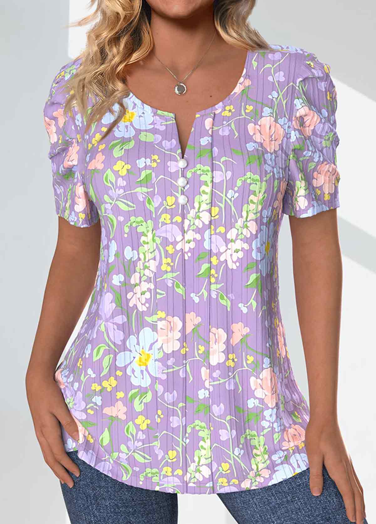 Ditsy Floral Print Textured Fabric Light Purple T Shirt