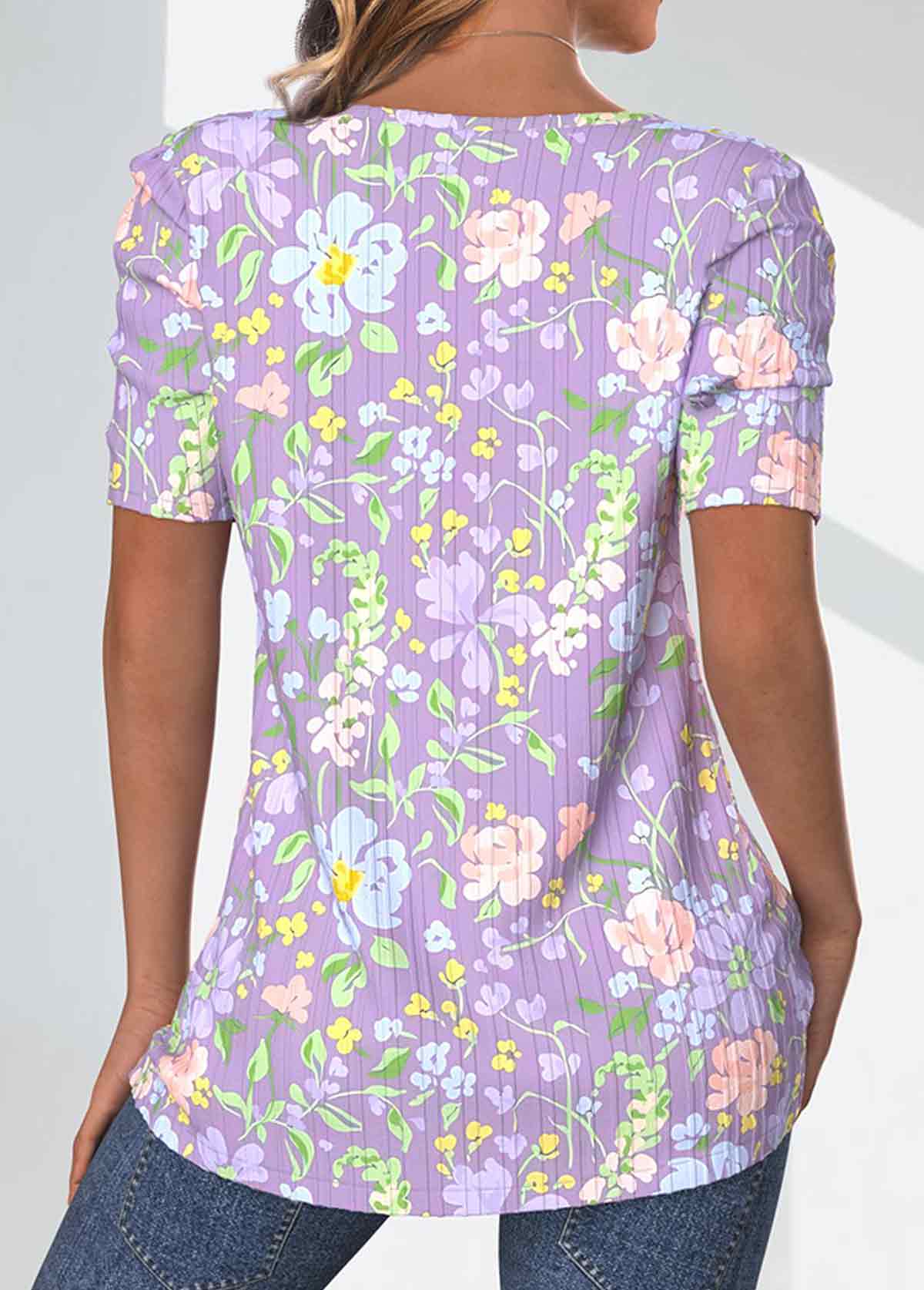 Ditsy Floral Print Textured Fabric Light Purple T Shirt