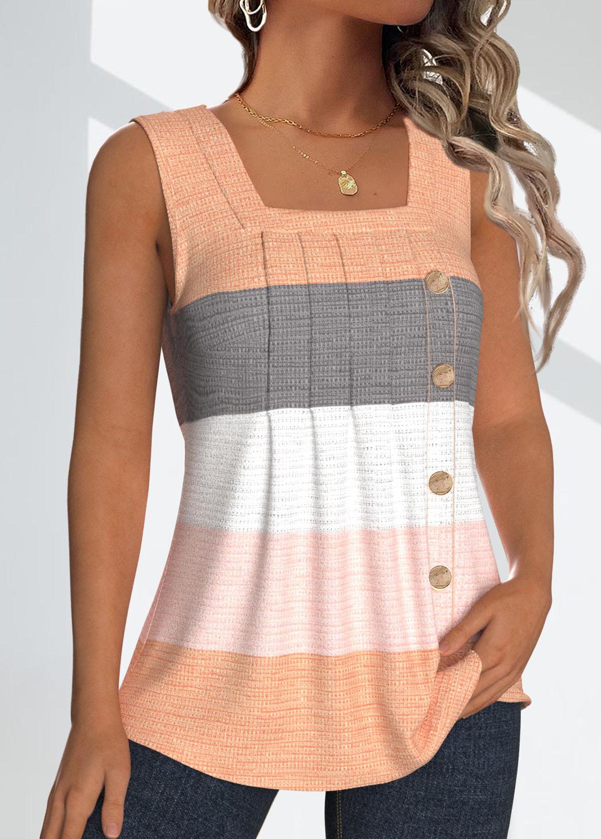 Striped Button Dusty Pink Sleeveless Square Neck Tank Top