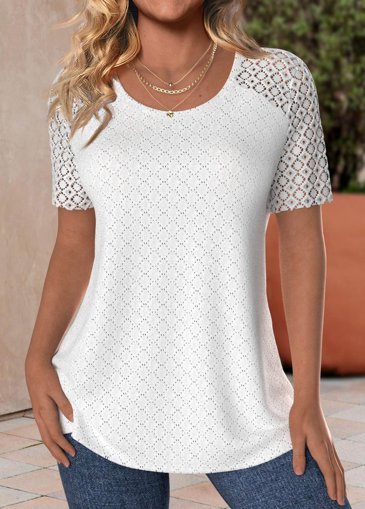 Lace White Short Sleeve Round Neck T Shirt