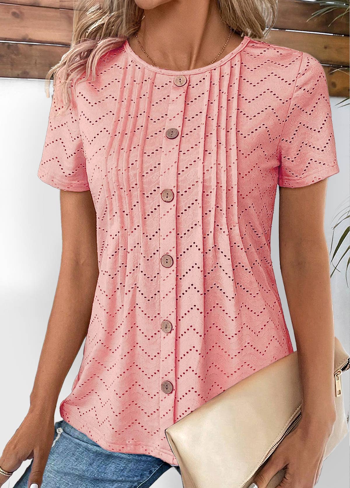 Tuck Stitch Light Pink Short Sleeve T Shirt