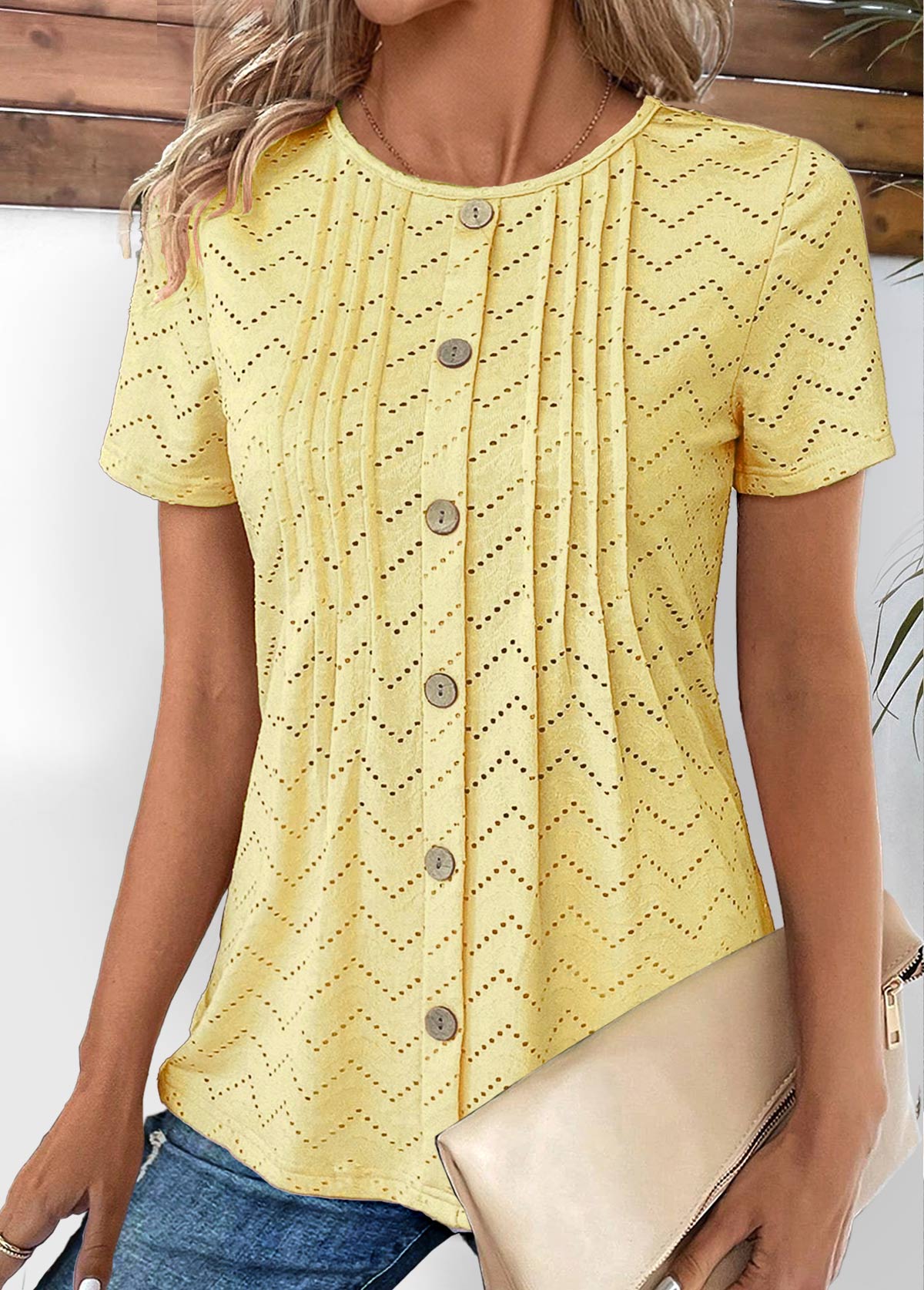Tuck Stitch Light Yellow Short Sleeve T Shirt