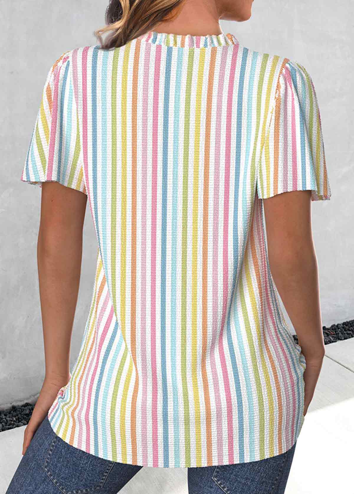 Striped Frill Multi Color Short Sleeve V Neck Blouse