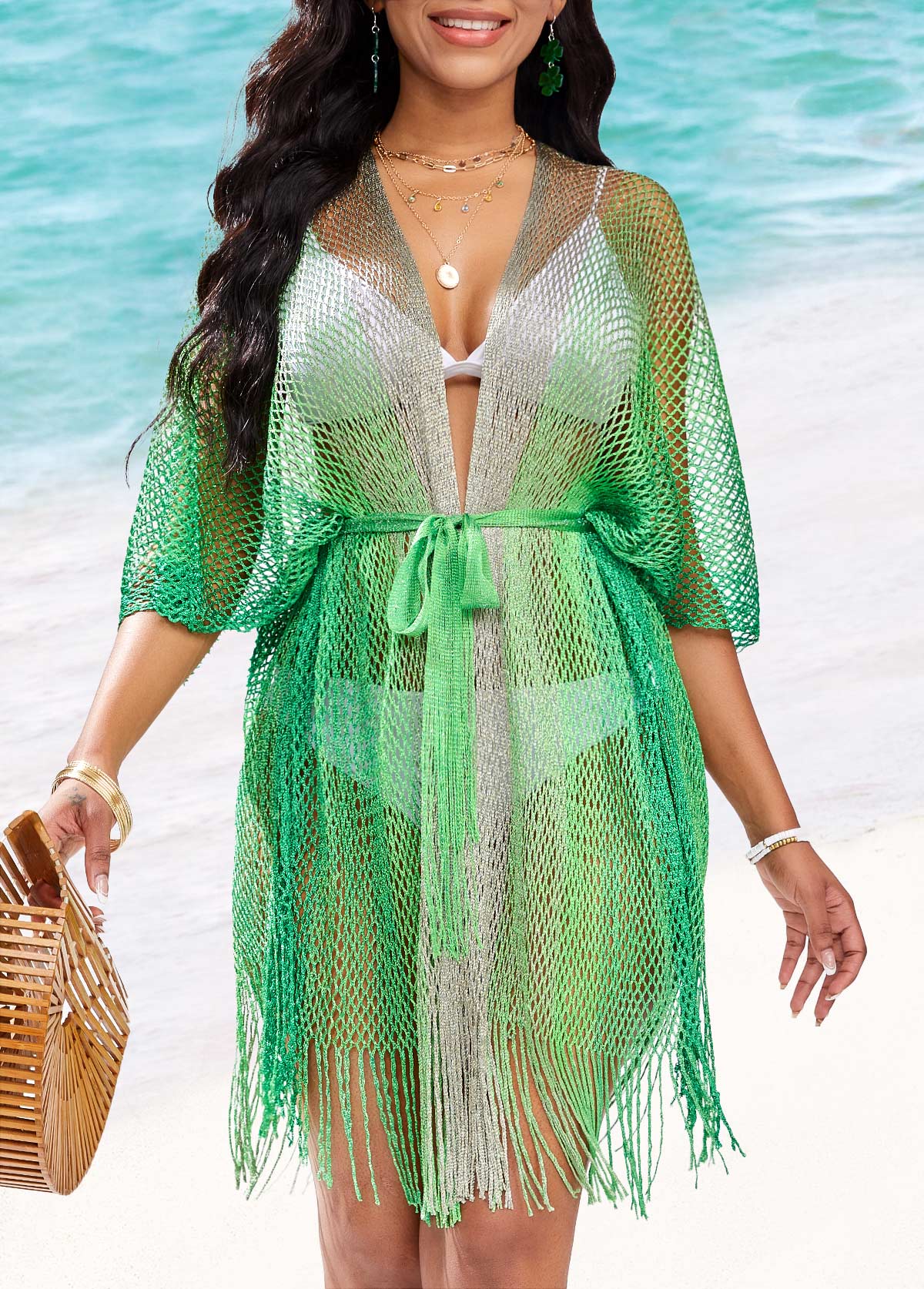 Hollow Ombre Tassel Green Cover Up