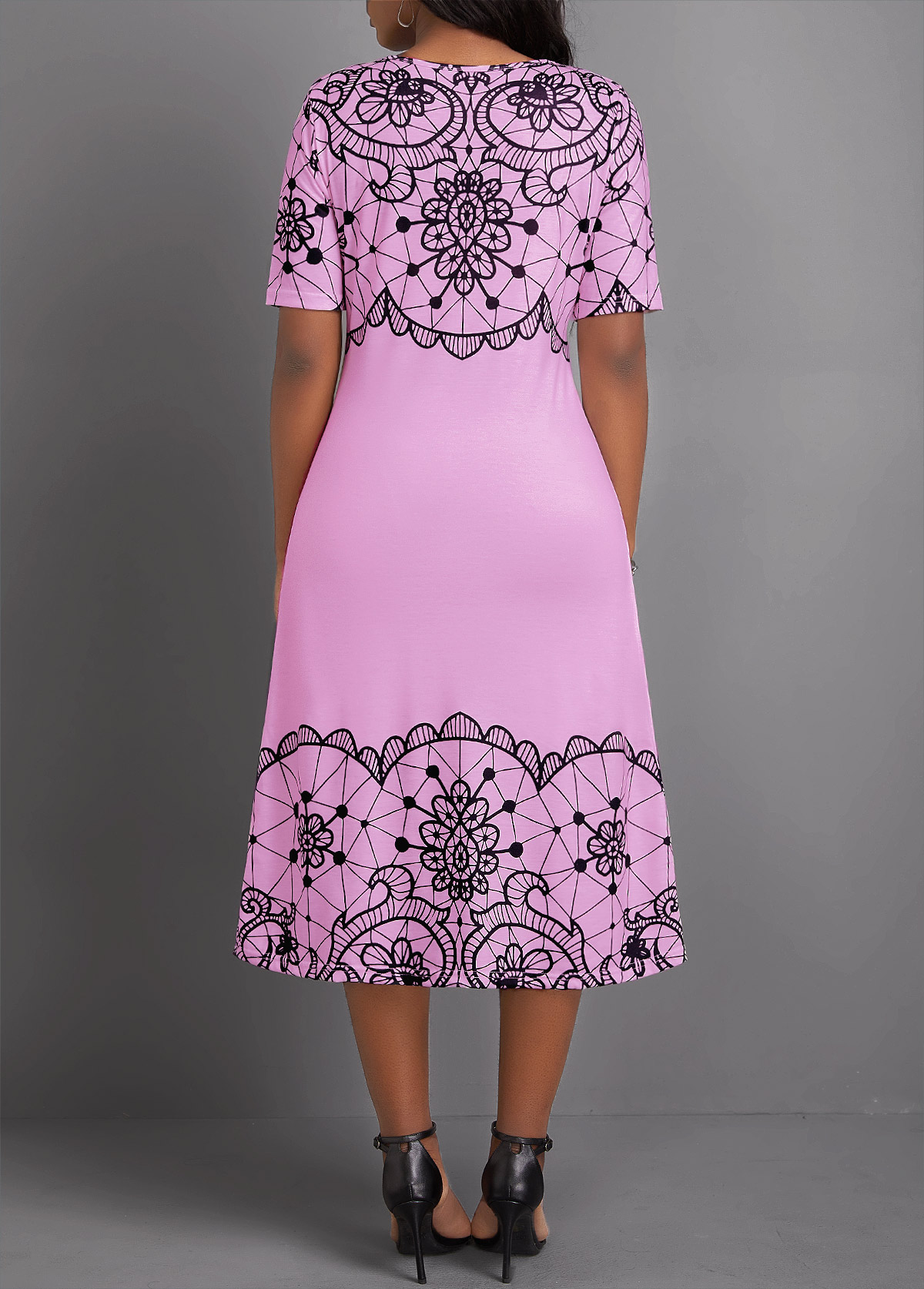 Geometric Print Neon Pink Short Sleeve Round Neck Dress