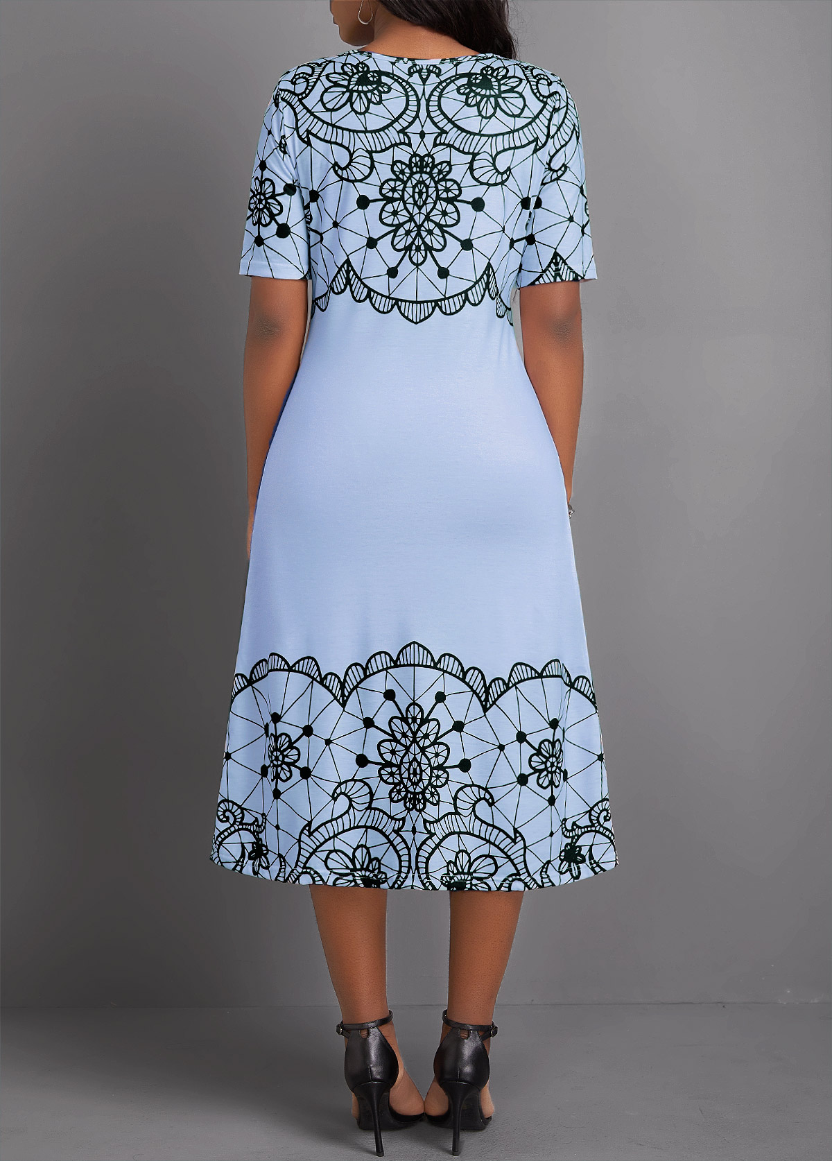 Geometric Print Light Blue Short Sleeve Round Neck Dress