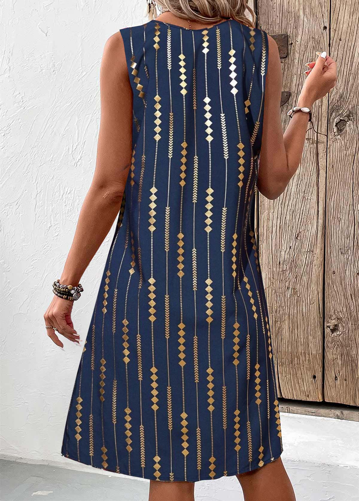 Geometric Print Hot Stamping Blue A Line Sleeveless Dress