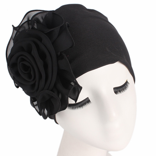 Stretchy Black Floral Design Turban Hat