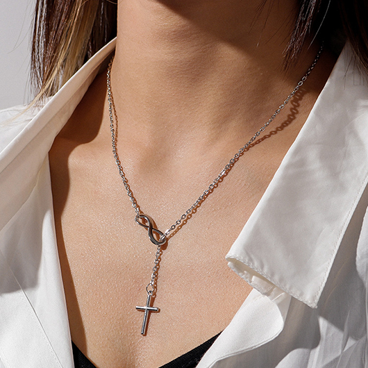 Silvery White Alloy Cross Design Necklace