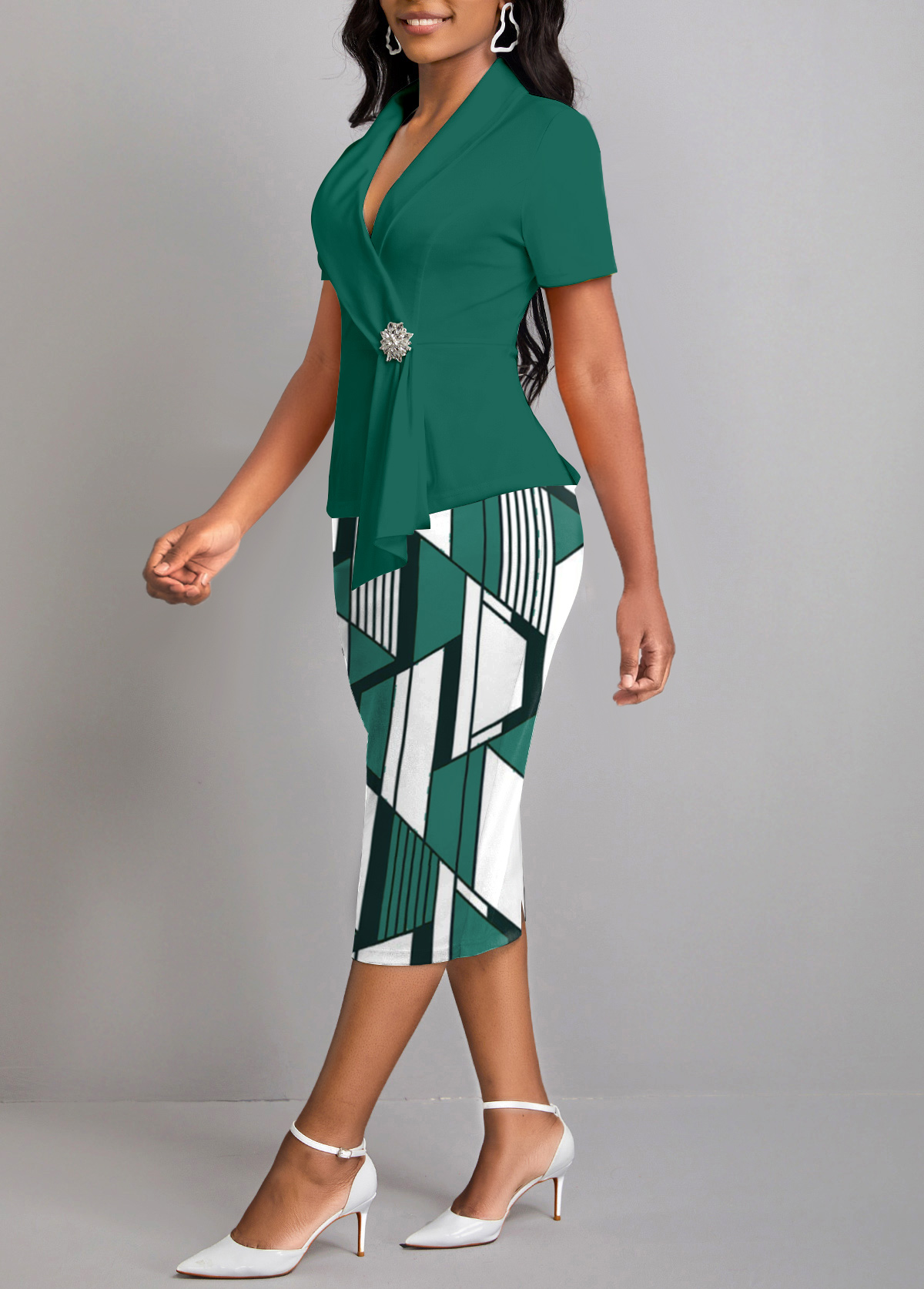 Geometric Print Fake 2in1 Turquoise Short Sleeve Bodycon Dress