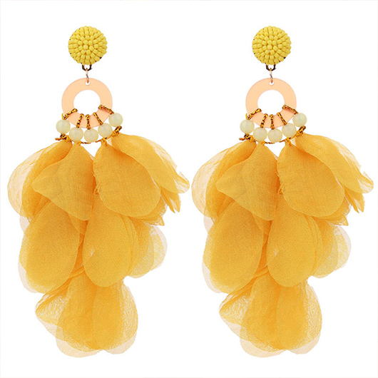 Floral Yellow Beaded Circular Ring Patchwork Earrings