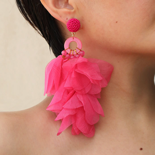 Floral Neon Rose Red Beaded Patchwork Earrings
