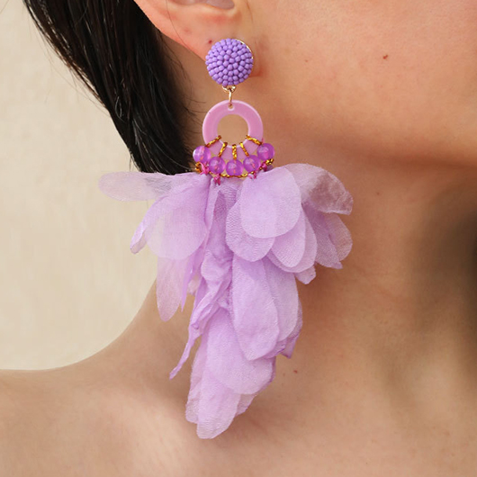 Floral Light Purple Beaded Patchwork Earrings