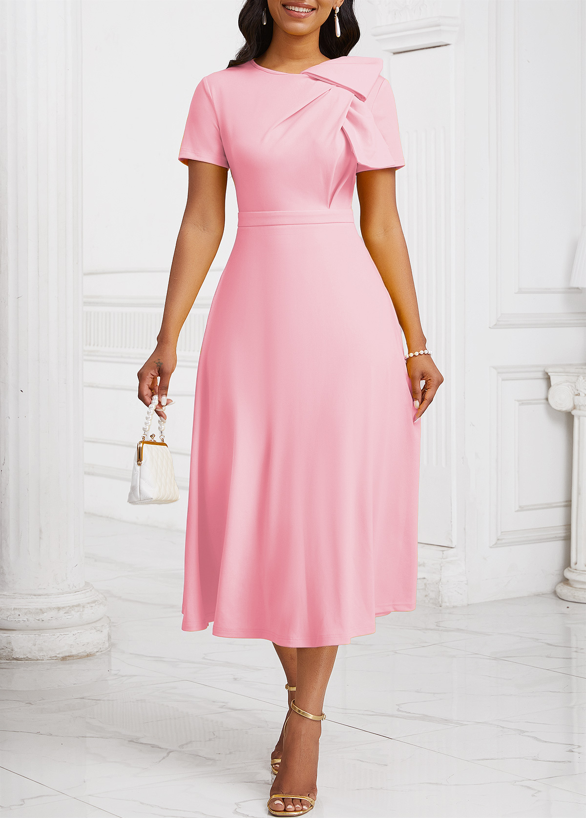 Zipper Light Pink Short Sleeve Asymmetrical Neck Dress