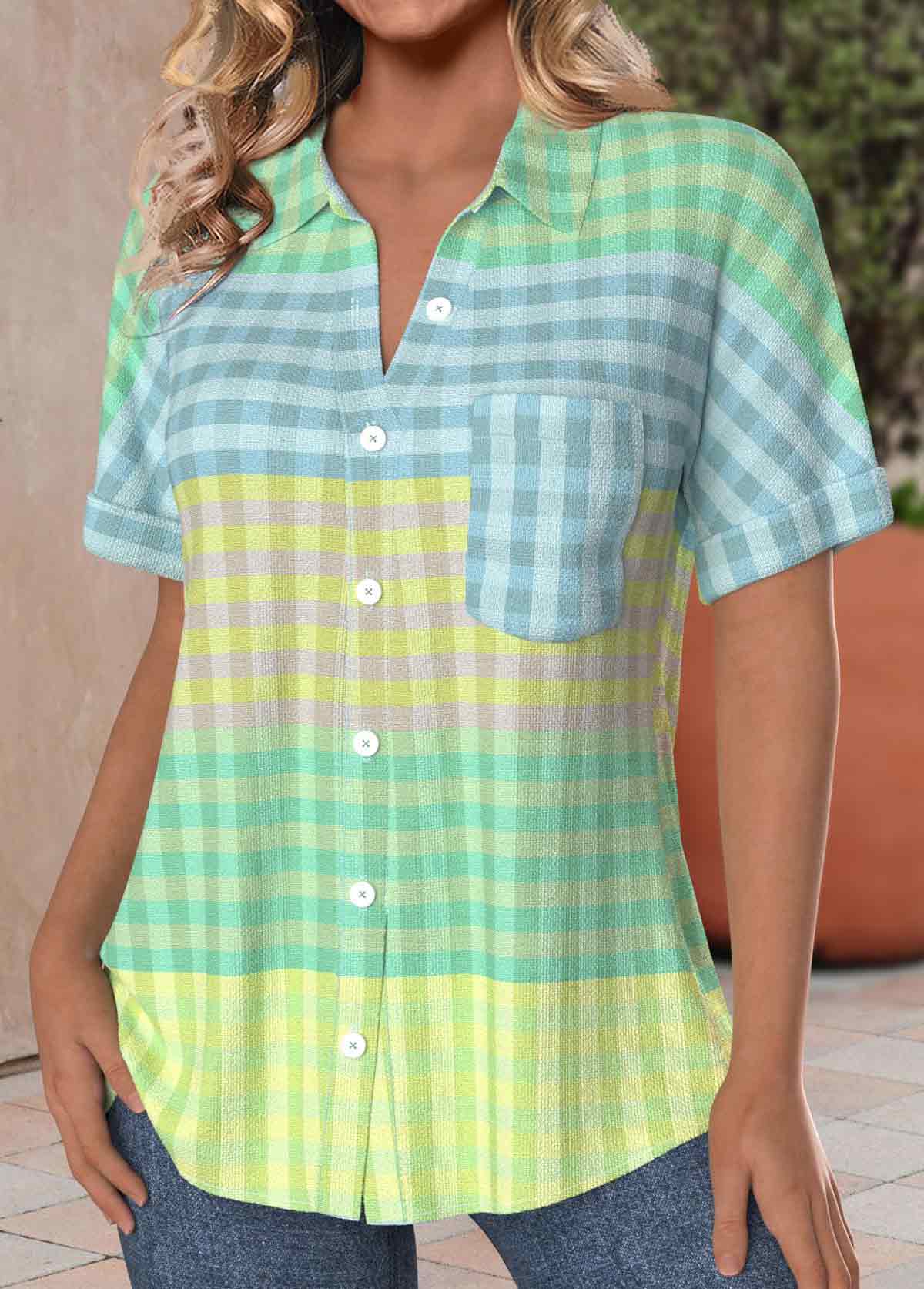 Plaid Pocket Multi Color Short Sleeve Shirt Collar Blouse