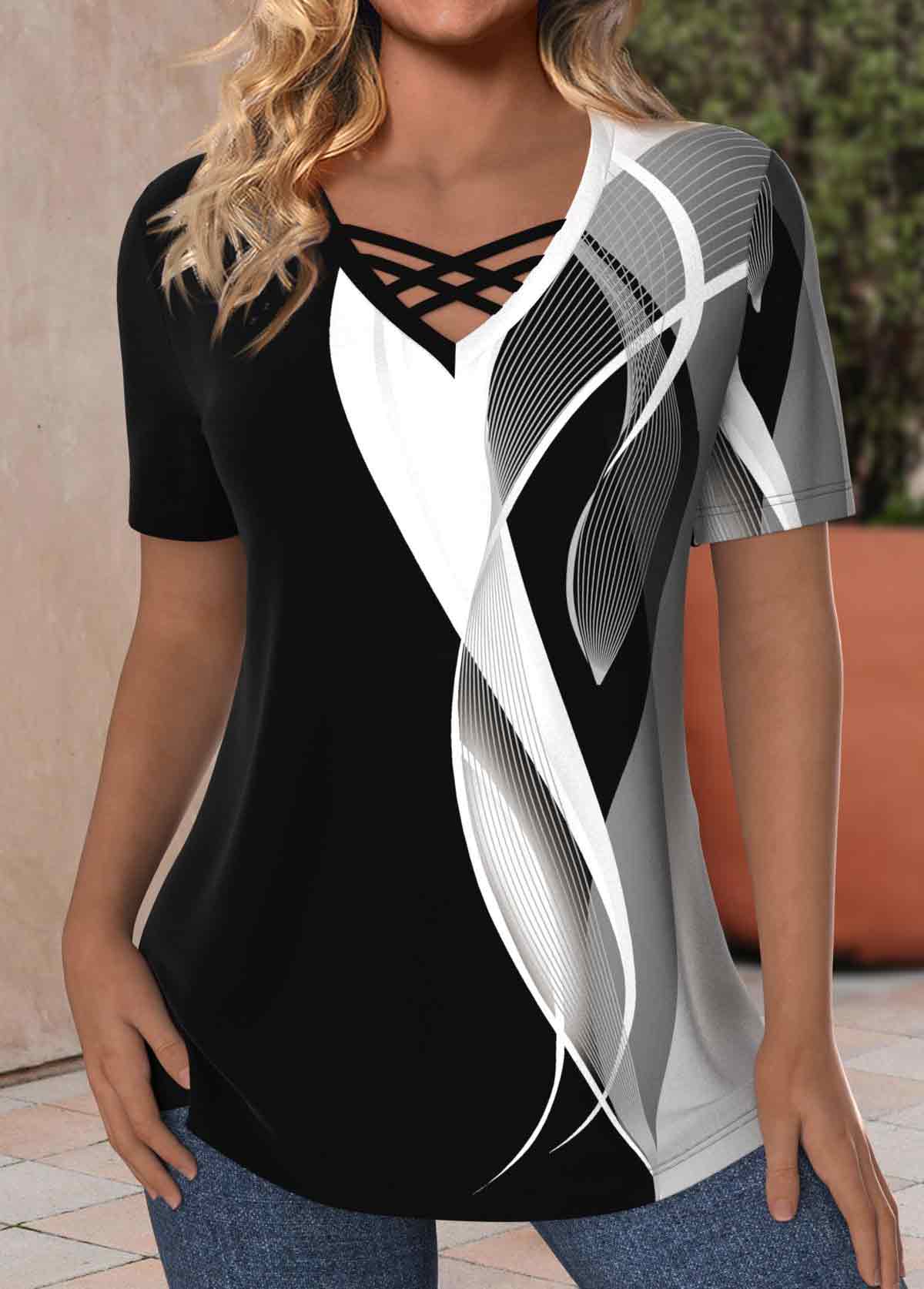 Geometric Print Criss Cross Black Short Sleeve T Shirt