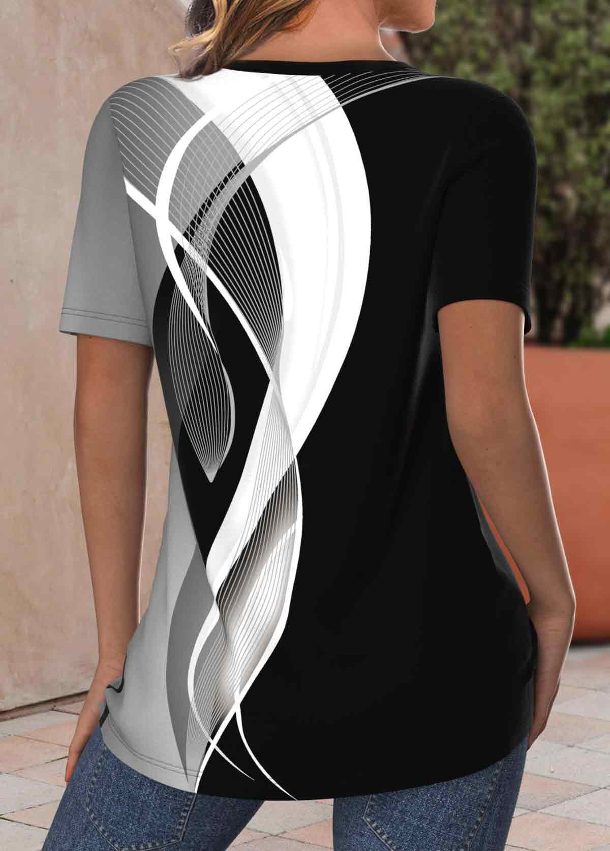 Geometric Print Criss Cross Black Short Sleeve T Shirt