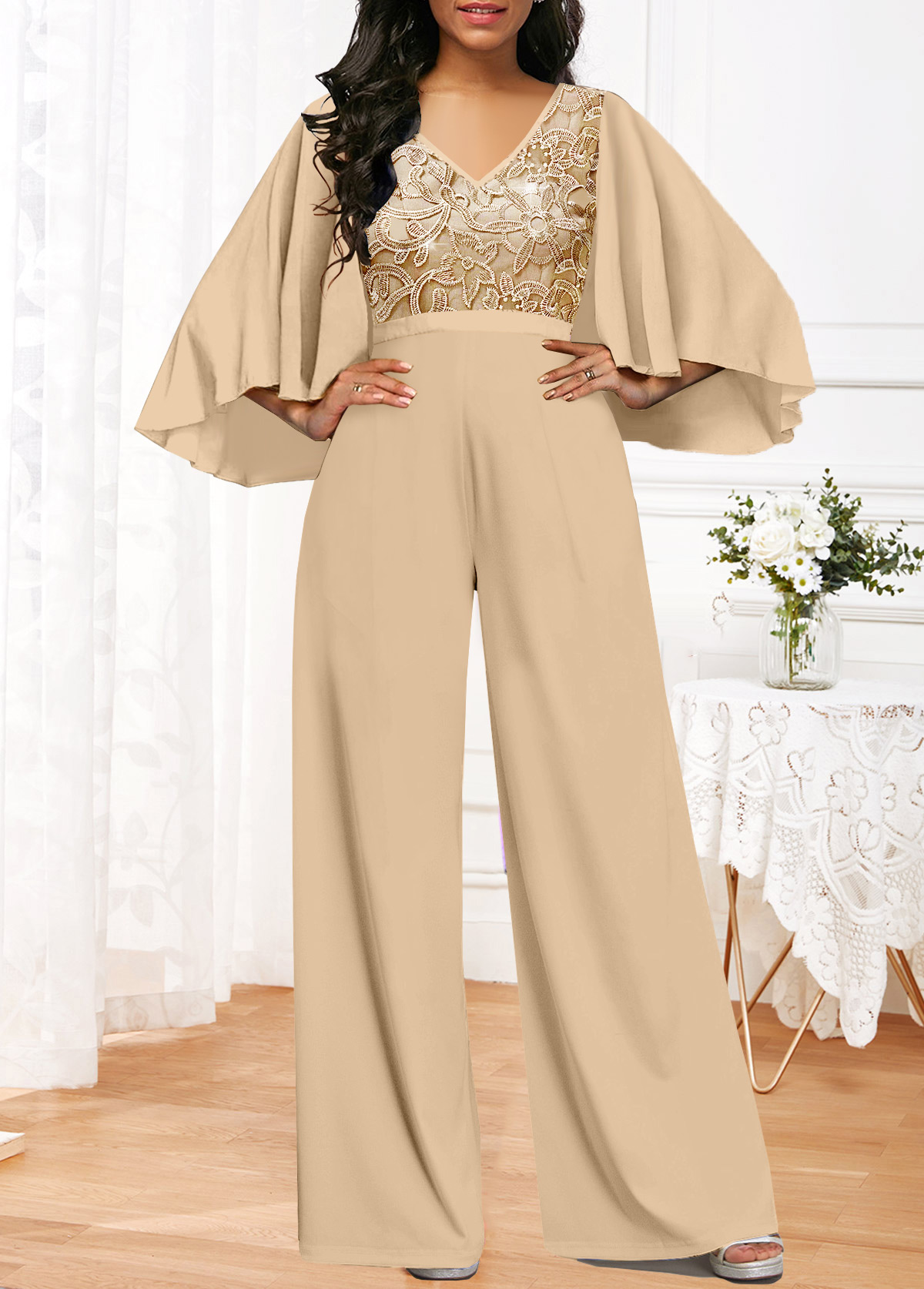 Embroidery Champagne Long V Neck 3/4 Sleeve Jumpsuit