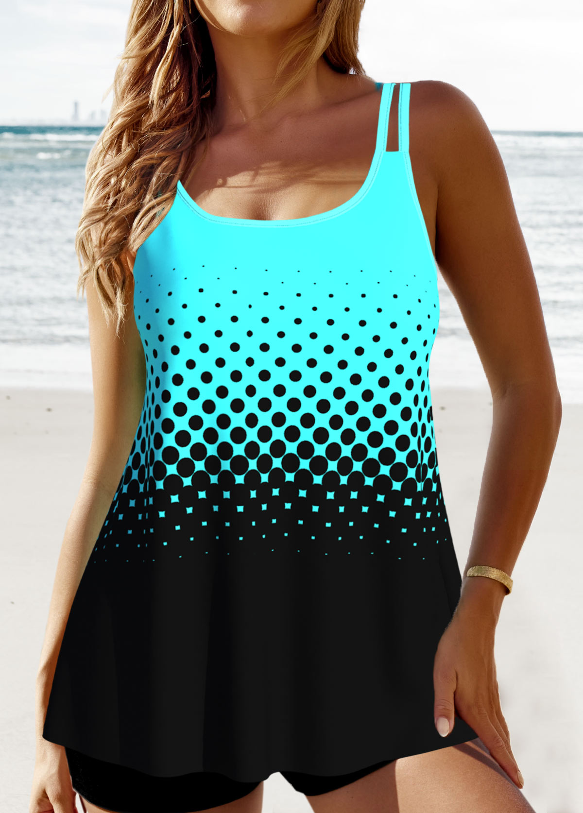 Double Straps Ombre Patchwork Cyan Tankini Top-No Bottom