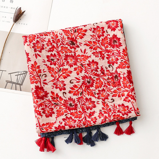 Ditsy Floral Print Pacthwork Red Scarf