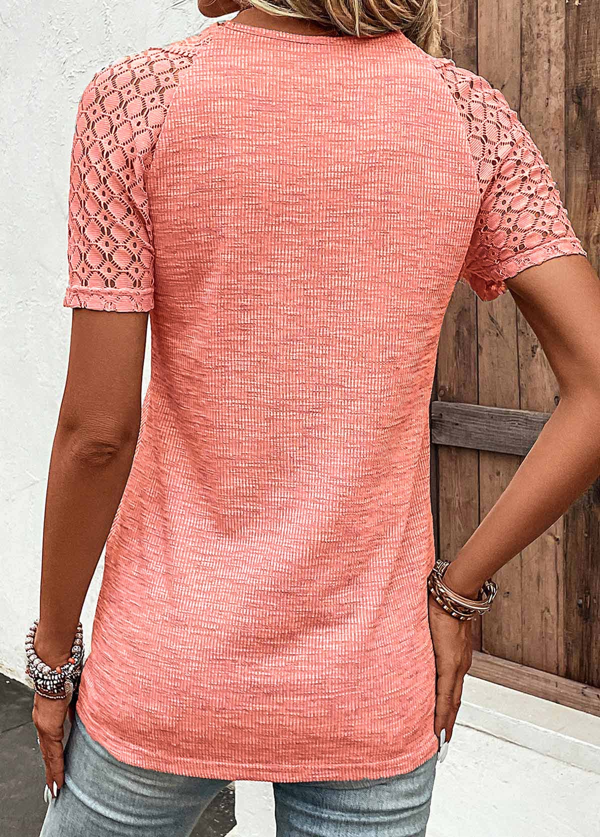 Lace Orange Short Sleeve V Neck T Shirt
