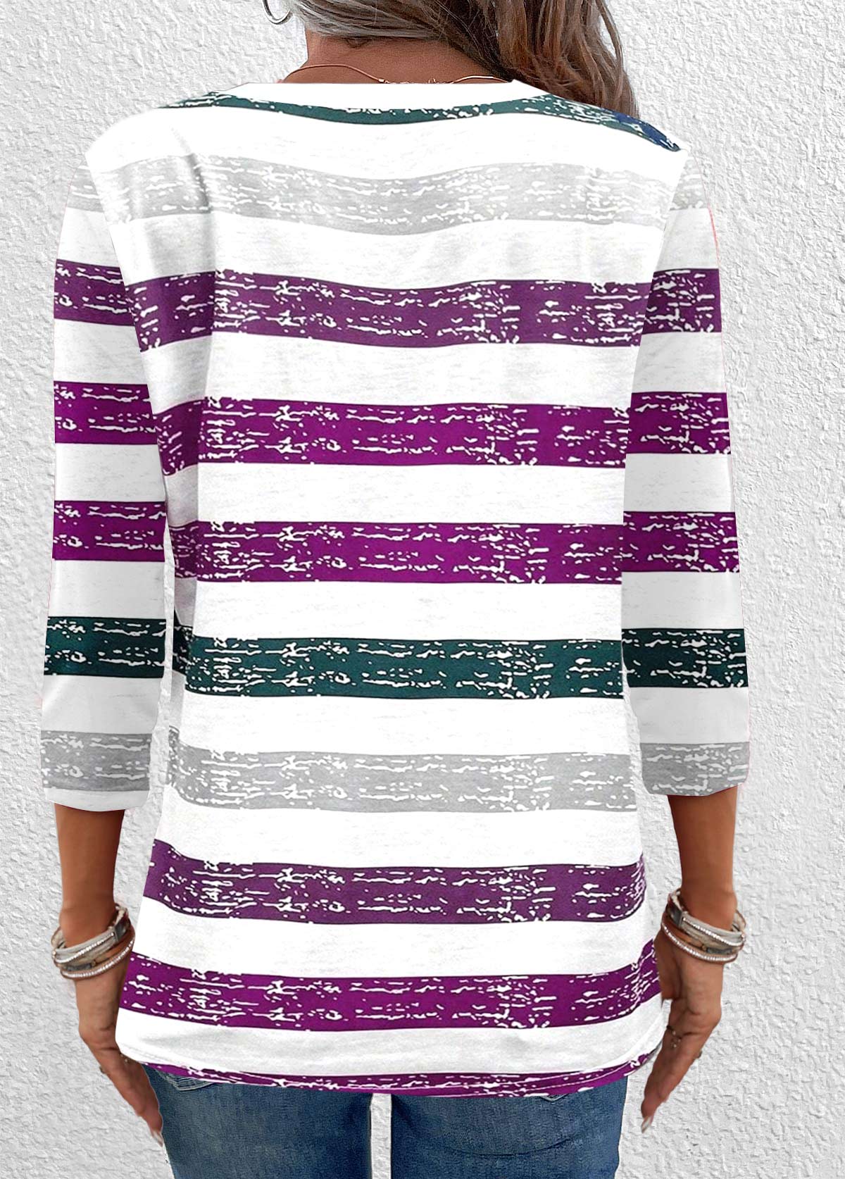 Multi Stripe Print Button Dark Purple T Shirt