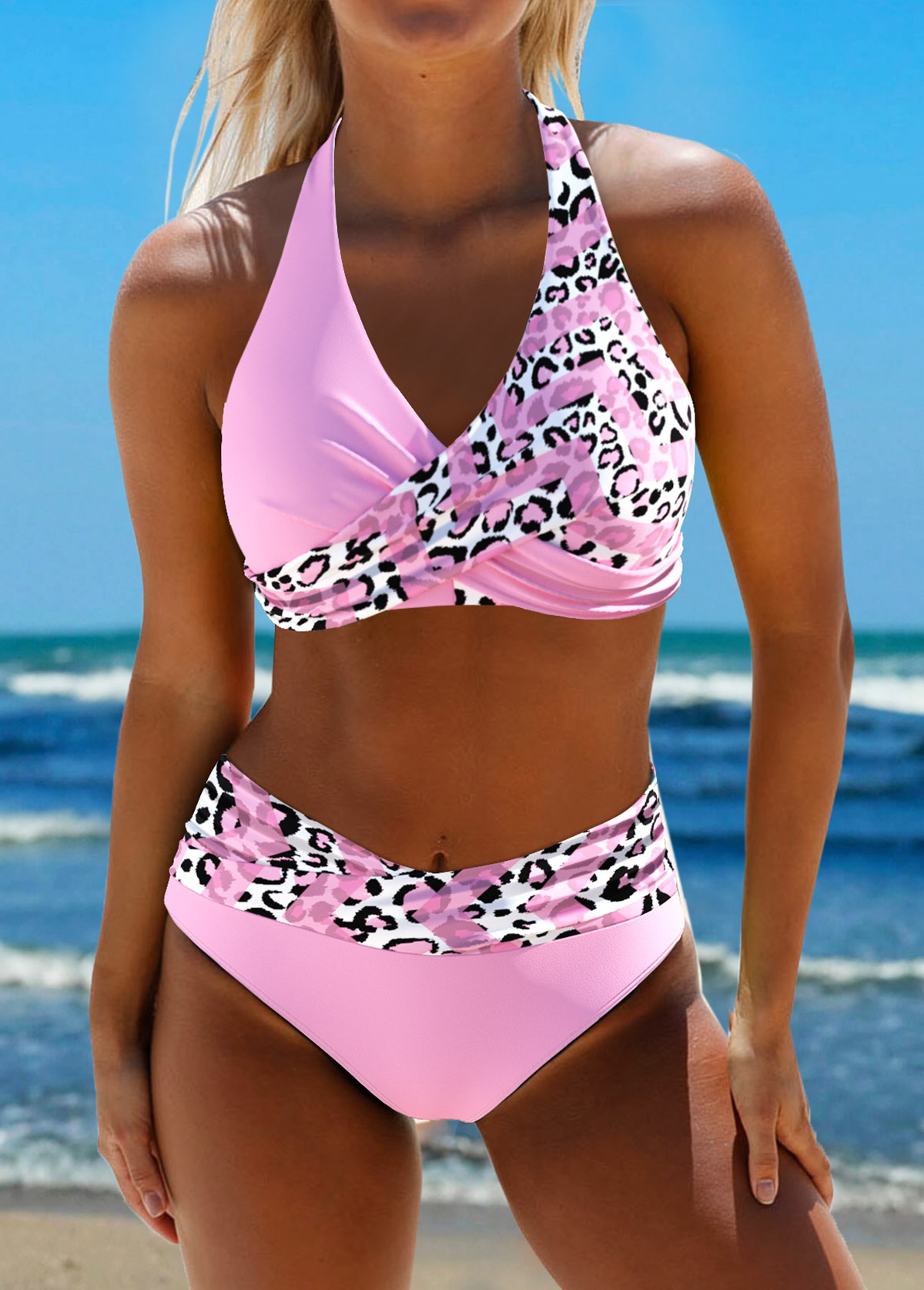 Leopard Surplice Light Pink Bikini Set