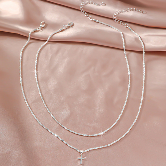 Layered Silvery White Cross Alloy Necklace Set