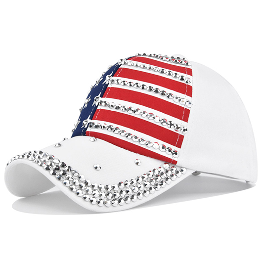 American Flag Striped Hot Drilling White Hat Baseball Cap