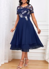 Embroidery Navy Short Sleeve Round Neck Dress