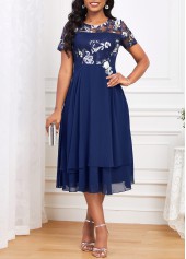 Embroidery Navy Short Sleeve Round Neck Dress