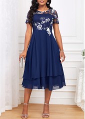 Embroidery Navy Short Sleeve Round Neck Dress