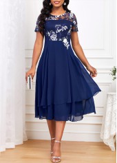 Embroidery Navy Short Sleeve Round Neck Dress