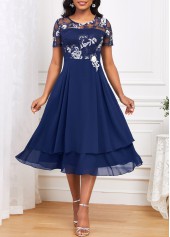 Embroidery Navy Short Sleeve Round Neck Dress
