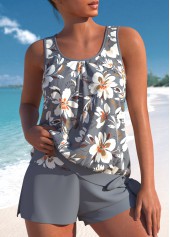 Floral Print Bowknot Grey Tankini Set