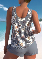 Floral Print Bowknot Grey Tankini Set