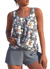 Floral Print Bowknot Grey Tankini Set