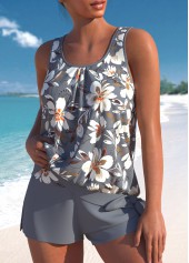 Floral Print Bowknot Grey Tankini Set