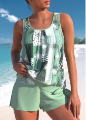Geometric Print Tie Sage Green Tankini Set