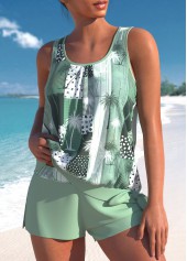 Geometric Print Tie Sage Green Tankini Set