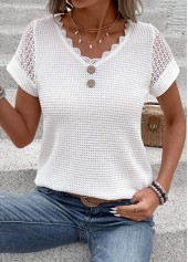 Patchwork White Short Sleeve V Neck T Shirt