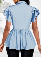 Button Denim Blue Short Sleeve Shirt Collar Blouse