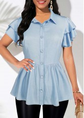 Button Denim Blue Short Sleeve Shirt Collar Blouse