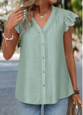 Patchwork Sage Green Short Sleeve V Neck Blouse