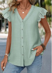 Patchwork Sage Green Short Sleeve V Neck Blouse