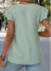 Patchwork Sage Green Short Sleeve V Neck Blouse