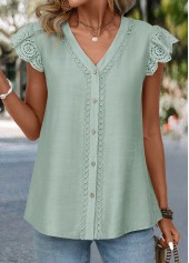 Patchwork Sage Green Short Sleeve V Neck Blouse
