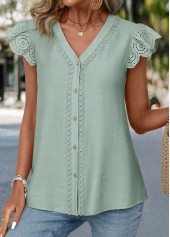 Patchwork Sage Green Short Sleeve V Neck Blouse