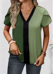 Patchwork Green Short Sleeve V Neck Blouse